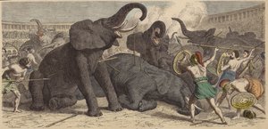 Matanza de elefantes capturados en una arena romana de Heinrich Leutemann