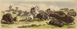 Nativos americanos a caballo cazando búfalos (grabado coloreado) de Heinrich Leutemann