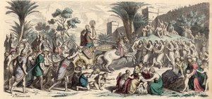 Recepción de un ejército asirio victorioso (grabado coloreado) de Heinrich Leutemann
