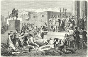 El Triunvirato de Marco Antonio, Marco Emilio Lépido y Octaviano proclamando proscripciones contra sus enemigos políticos, 43 a.C. de Heinrich Leutemann