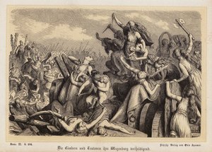 Mujeres de los cimbrios y teutones defendiendo su tren de bagajes contra los romanos (grabado) de Heinrich Leutemann