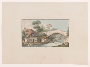 Vista de una casa junto a un puente en Orbe à Orbe (título sobre objeto) Vistas de Suiza (título de la serie) Collection de quelques vues dessinées en Suisse d