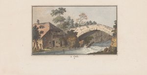 Casa junto a un puente sobre un río en Orbe
à Orbe (título en el objeto)
Paisajes en Suiza (título de la serie)
Sammlung einiger Aussichten in der Schweiz (título de la serie) de Heinrich Rieter