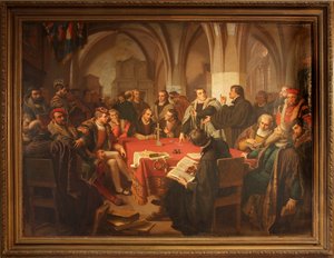 August Noack diálogo religioso en el castillo de Marburgo 1869 con marco de Heinrich Stürzl