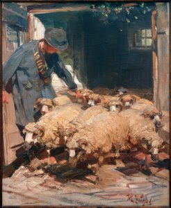 Pastor sacando ovejas del establo de Heinrich von Zügel