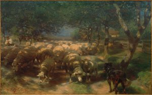 Rebaño de ovejas con perro de Heinrich von Zügel