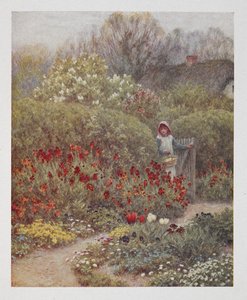 Una mujer abriendo una puerta en un jardín, ilustración de 