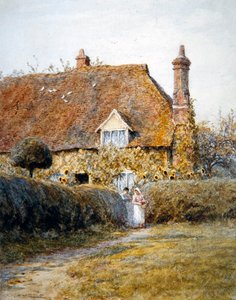 Junto a la puerta de una cabaña de Helen Allingham
