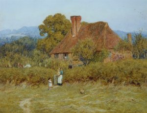 Cabaña en Broadham Green, Surrey, a la luz del atardecer de Helen Allingham