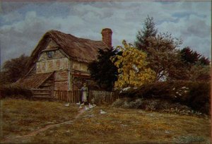 Cabaña Laburnum: una mujer alimentando patos de Helen Allingham