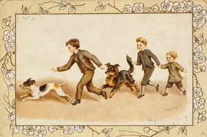 Tarjeta de felicitación que muestra a niños jugando con sus perros de Helena J. Maguire