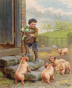 Cerdos hambrientos viendo a un niño que lleva una canasta de nabos en una granja (chromolitho)