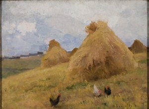 Pollos entre Cornstooks, c.1888 (óleo sobre lienzo) de Helene Schjerfbeck