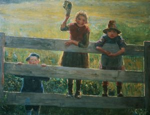 Tres niños pequeños en la puerta de Helga Ring Reusch