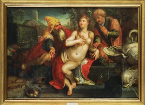 Susana y los ancianos ... (pintura sobre madera) de Hendrick (attr. to) Goltzius