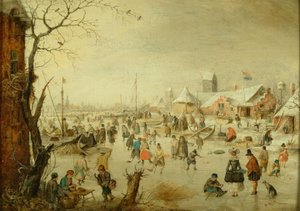 Holandés: Paisaje invernal con patinadores sobre hielo Una escena sobre el hielo