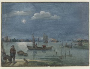 Paisaje de río iluminado por la luna con pescadores de Hendrick Avercamp