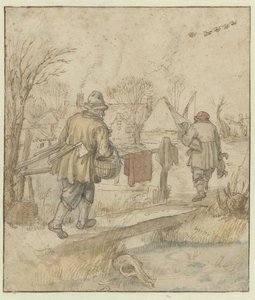 El regreso de los cazadores de patos / verso: Bocetos de barcos y de un hombre con ropa de invierno de Hendrick Avercamp