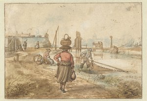 Paisaje fluvial con una mujer que lleva una cesta en la cabeza, pescadores y otras figuras cerca de las murallas de una ciudad de Hendrick Avercamp