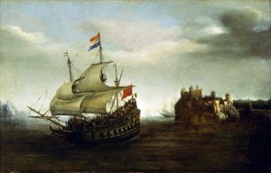 Barco holandés navegando cerca de un castillo, cerca de una costa rocosa. Óleo sobre madera de Hendrick Cornelisz Vroom