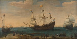 Indias orientales frente a una costa, c.1600-30 (óleo sobre lienzo) de Hendrick Cornelisz Vroom