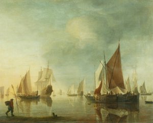 Barco anclado en alta mar con mar en calma; luz del atardecer, c.1650-60 (óleo sobre tabla)