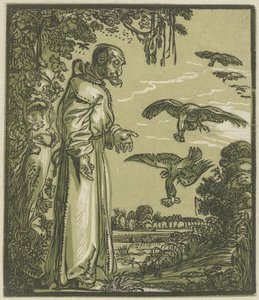 Pablo el ermitaño (¿Elías?) alimentado por cuervos de Hendrick Goltzius (attributed to)