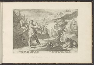 Arcas apunta su flecha a Calisto Metamorfosis de Ovidio (título de la serie) Recreaciones de P. Ovidius Naso (título de la serie) de Hendrick Goltzius (workshop of)
