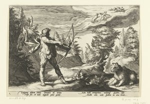 Arcas apunta su flecha a Calisto Metamorfosis de Ovidio (título de la serie) de Hendrick Goltzius (workshop of)