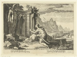 Cadmo le pregunta al oráculo de Delfos qué hacer ahora que no ha podido encontrar a su hermana Europa Metamorfosis de Ovidio (título de la serie) de Hendrick Goltzius (workshop of)