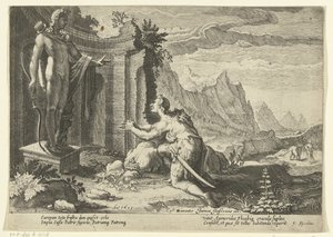 Cadmo le pregunta al oráculo de Delfos qué hacer ahora que no ha podido encontrar a su hermana Europa Metamorfosis de Ovidio (título de la serie) de Hendrick Goltzius (workshop of)