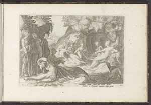 Diana descubre el embarazo de Calisto. Metamorfosis de Ovidio (título de la serie) Recreaciones de P. Ovidius Naso (título de la serie) de Hendrick Goltzius (workshop of)