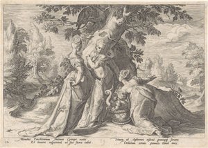 Las hijas de Cecrops abren la cesta de Minerva. Metamorfosis de Ovidio (título de la serie) de Hendrick Goltzius (workshop of)