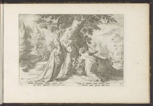 Las hijas de Cecrops abren la cesta de Minerva. Metamorfosis de Ovidio (título de la serie) Recreaciones de P. Ovidius Naso (título de la serie) de Hendrick Goltzius (workshop of)