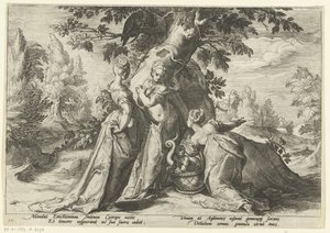 Las hijas de Cecrops abren la cesta de Minerva. Metamorfosis de Ovidio (título de la serie) de Hendrick Goltzius (workshop of)