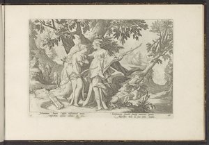 Júpiter seduce a Calisto disfrazado de Diana Metamorfosis de Ovidio (título de la serie) Recreaciones de P. Ovidius Naso (título de la serie) de Hendrick Goltzius (workshop of)