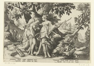 Júpiter seduce a Calisto disfrazado de Diana Metamorfosis de Ovidio (título de la serie) de Hendrick Goltzius (workshop of)