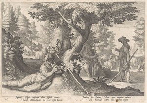 Mercurio convierte a Battus en piedra Metamorfosis de Ovidio (título de la serie) de Hendrick Goltzius (workshop of)