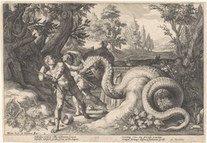 Compañeros de Cadmo devorados por un dragón Metamorfosis de Ovidio (título de la serie) de Hendrick Goltzius (workshop of)