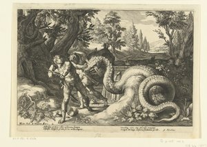 Compañeros de Cadmo devorados por un dragón Metamorfosis de Ovidio (título de la serie) de Hendrick Goltzius (workshop of)