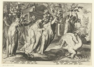 Las hermanas de Faetón se convierten en álamos y su amigo en cisne Metamorfosis de Ovidio (título de la serie) de Hendrick Goltzius (workshop of)