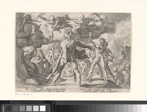 Batalla entre los dioses y los gigantes. Metamorfosis de Ovidio (título de la serie) de Hendrick Goltzius (workshop of)