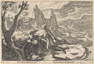 Tisbe huye de la leona Metamorfosis de Ovidio (título de la serie) de Hendrick Goltzius (workshop of)