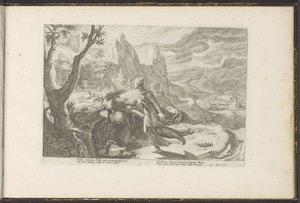 Tisbe huye de un león Metamorfosis de Ovidio (título de la serie) Recreaciones de P. Ovidius Naso (título de la serie) de Hendrick Goltzius (workshop of)