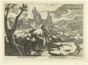 Tisbe huye de un león Metamorfosis de Ovidio (título de la serie) de Hendrick Goltzius (workshop of)