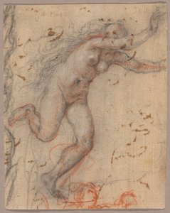 Figura femenina desnuda que huye hacia la derecha con los brazos extendidos y esbozo de busto de figura secundaria (anverso); esbozo de figura femenina desnuda arrodillada, sostenida por otra de pie (reverso).