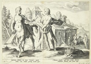 Apolo confía la educación de Asclepio a Quirón de Hendrick Goltzius