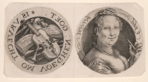 Busto de mujer con flauta e instrumentos musicales, en una hoja de Hendrick Goltzius