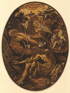 Demogorgón en la cueva de la eternidad, lámina 1 de la serie «Demogorgón y los seres divinos» de Hendrick Goltzius