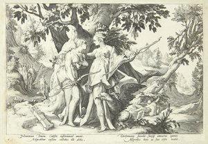 Júpiter disfrazado de Diana seduce a Calisto de Hendrick Goltzius